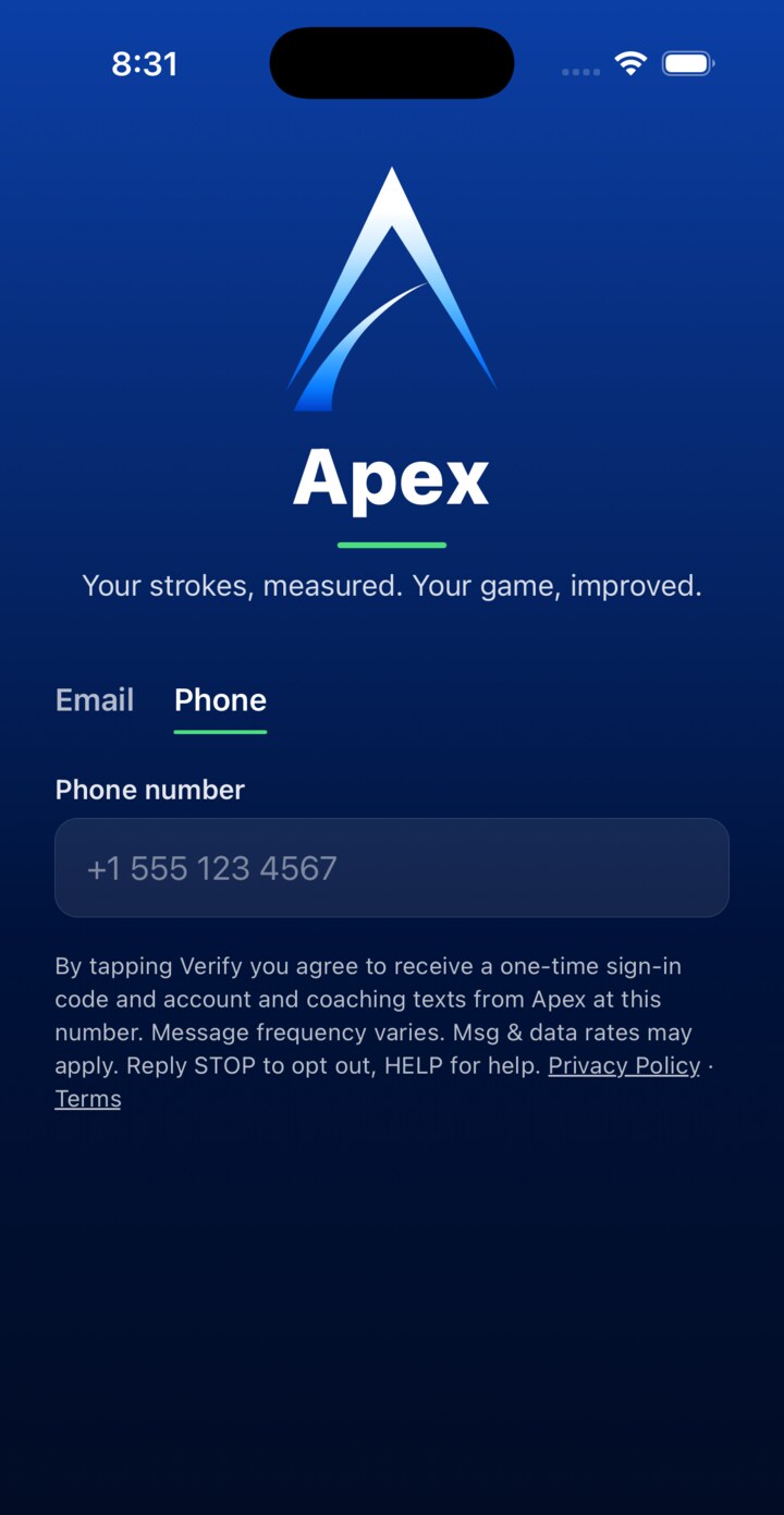 The Apex sign-in screen on iPhone, Phone tab selected, with the consent language shown under the phone number field